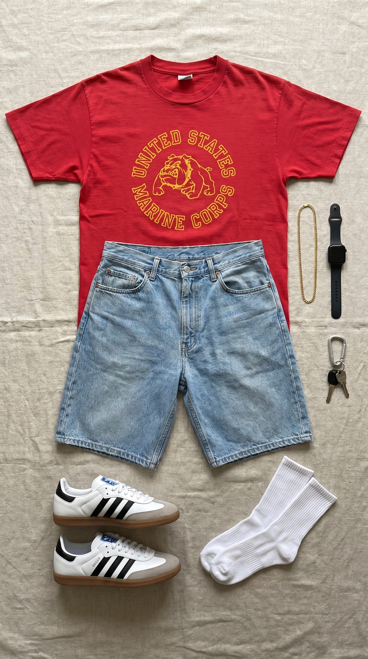Red tee. Light blue short. — outfit