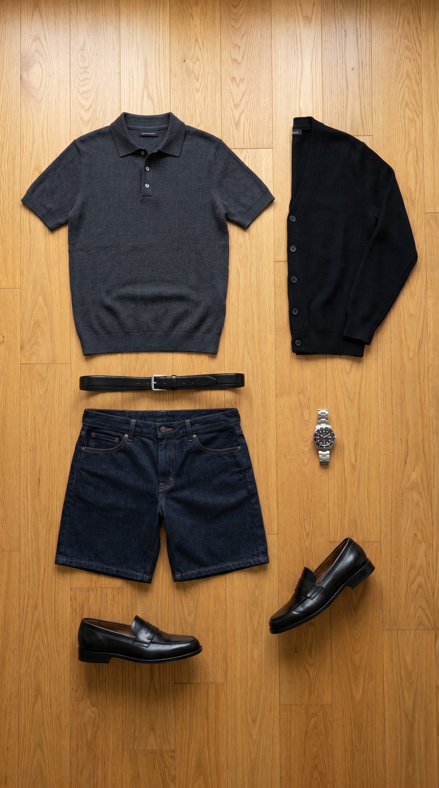 Charcoal Grey polo. Dark Indigo short. — outfit