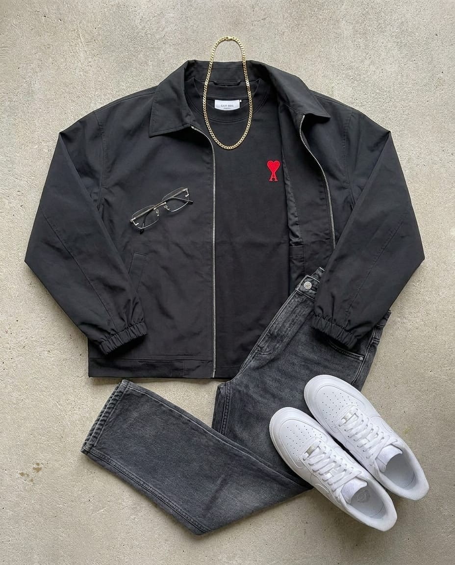 Black jacket. Charcoal-grey trouser. — outfit flat-lay