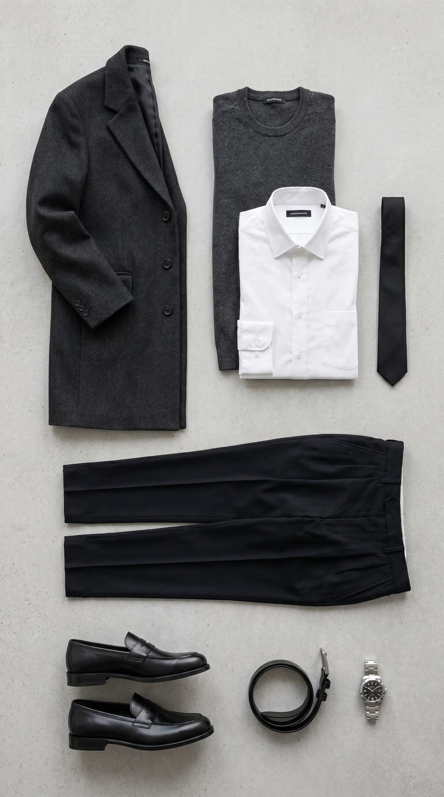 Charcoal outerwear. Black trouser. — outfit