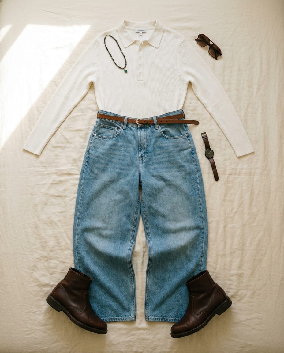 Light wash blue jean. Dark brown boot.