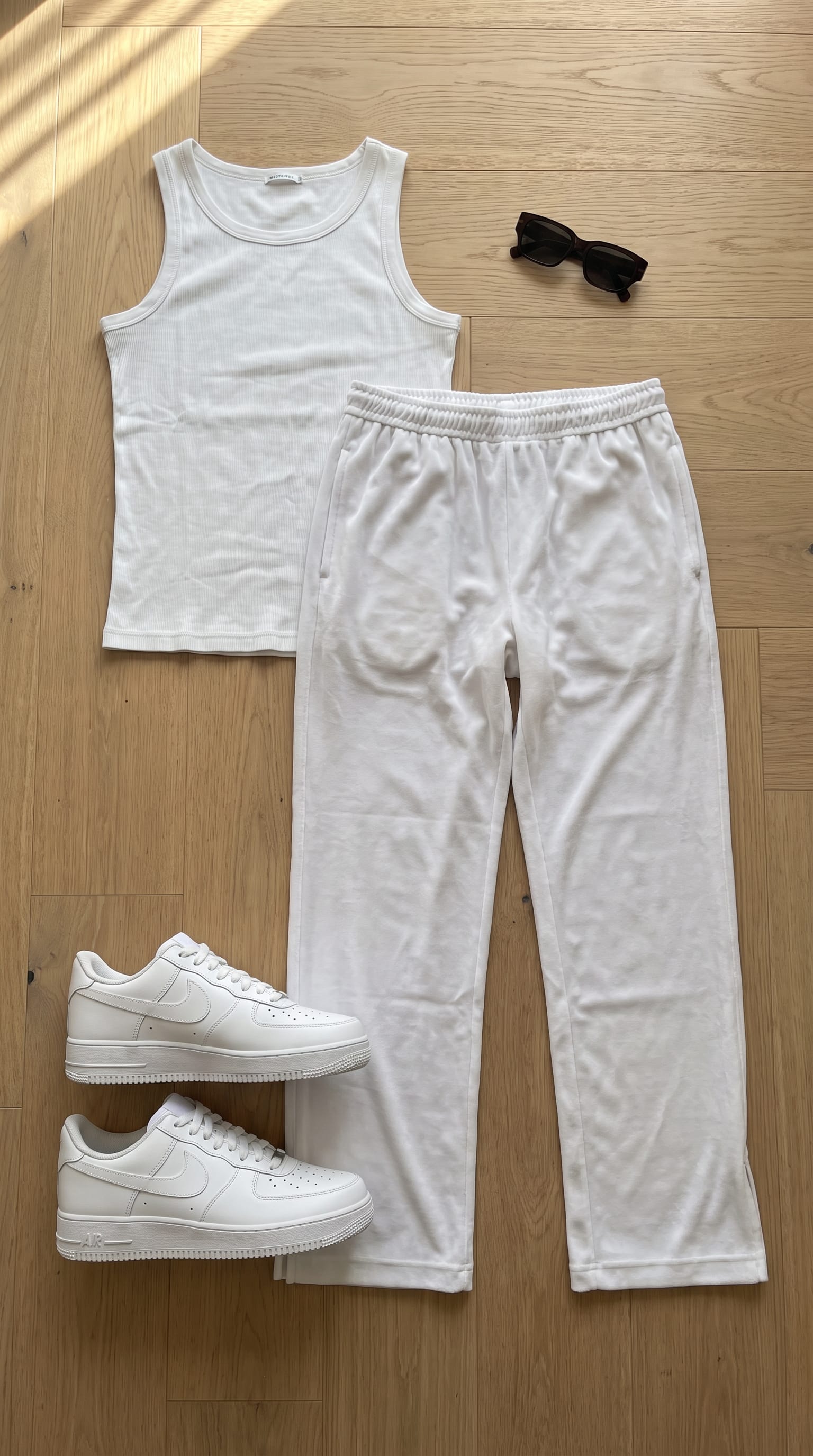 White trouser. White tee. — outfit flat-lay