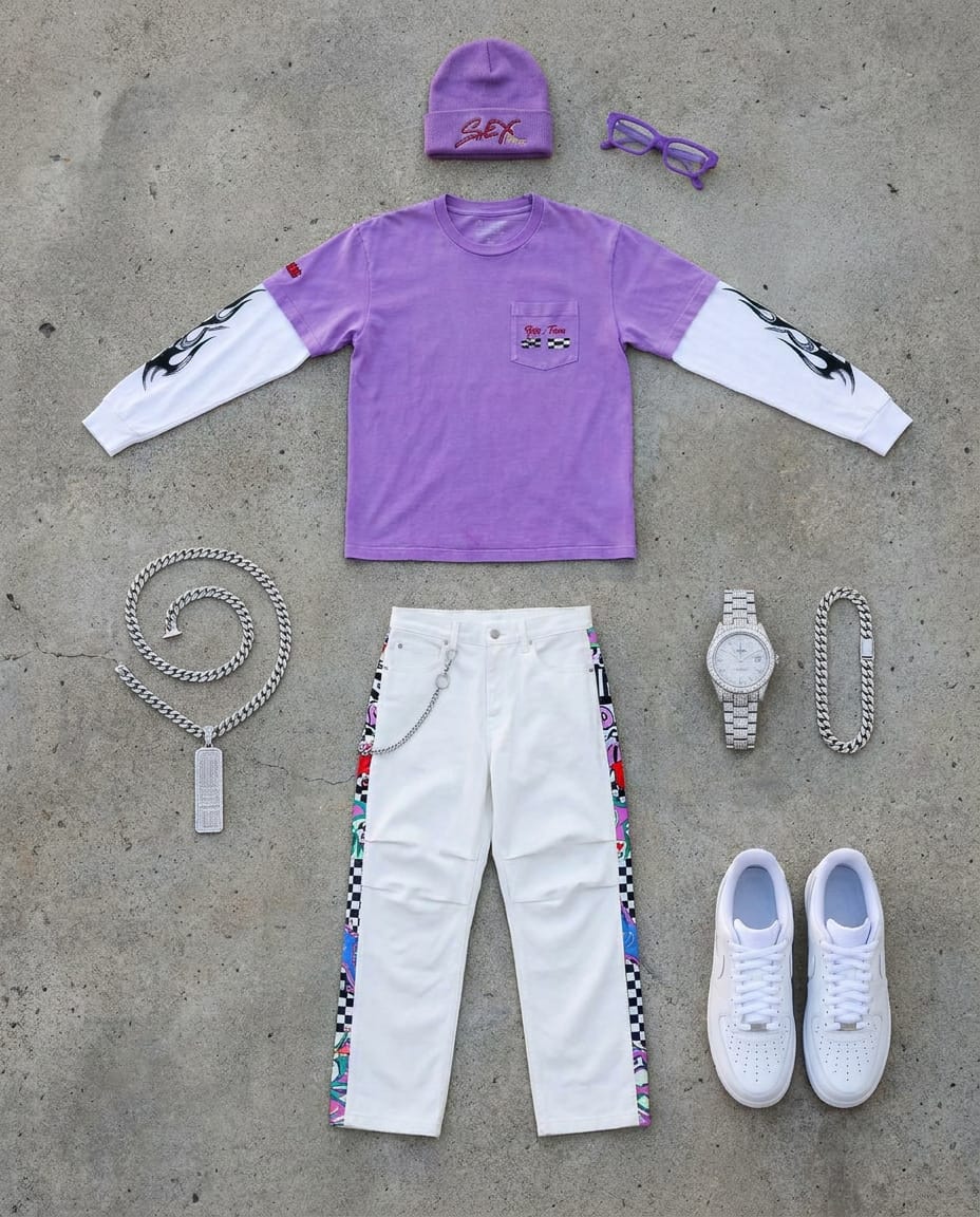White jean. Lavender tee. — outfit