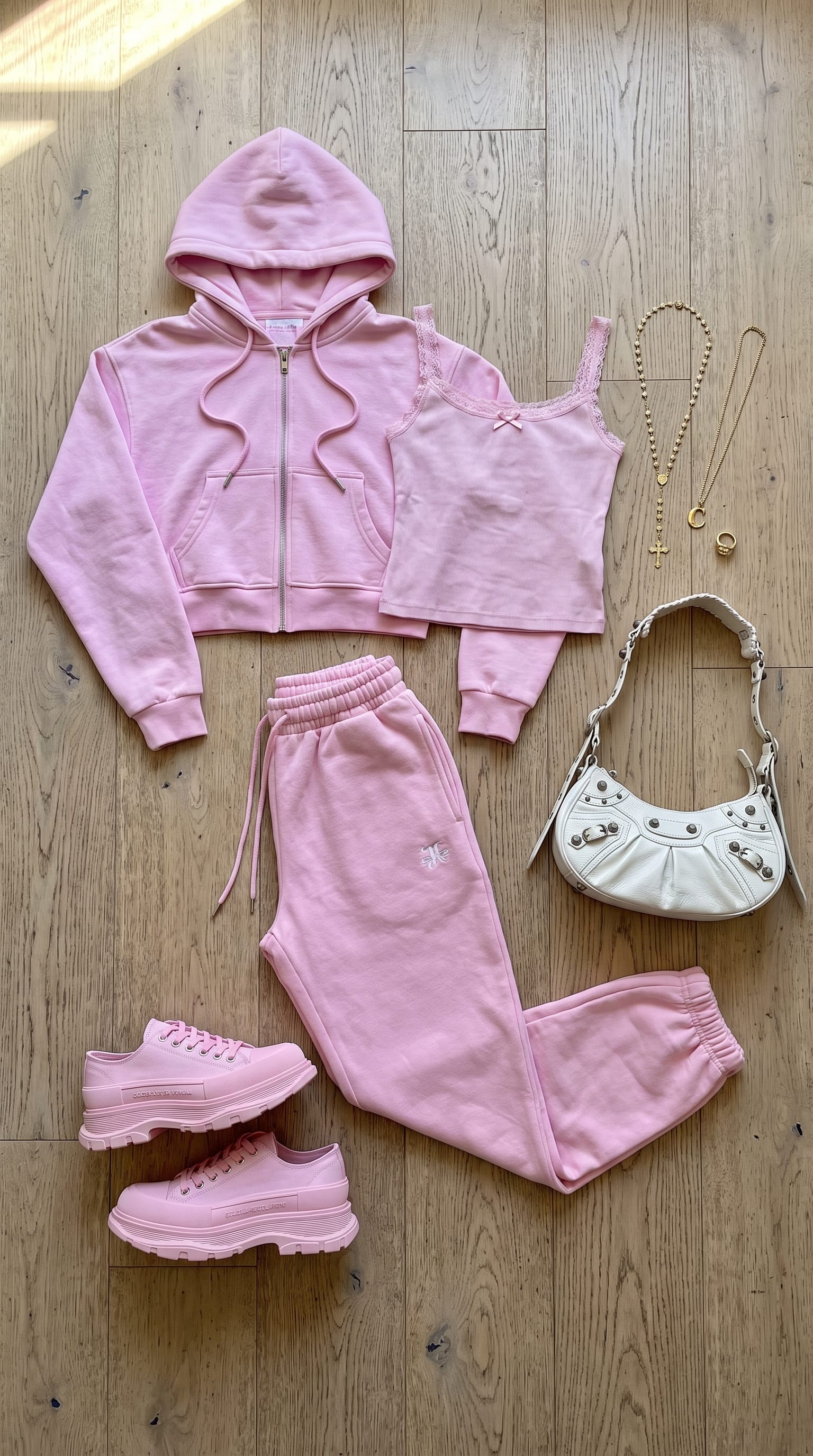 Light Pink Sweatsuit Outfit Women flat-lay