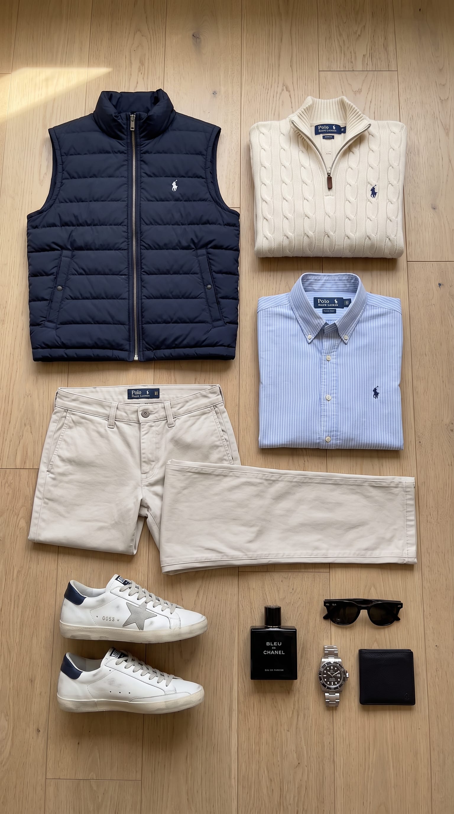 Navy outerwear. Beige trouser. — outfit