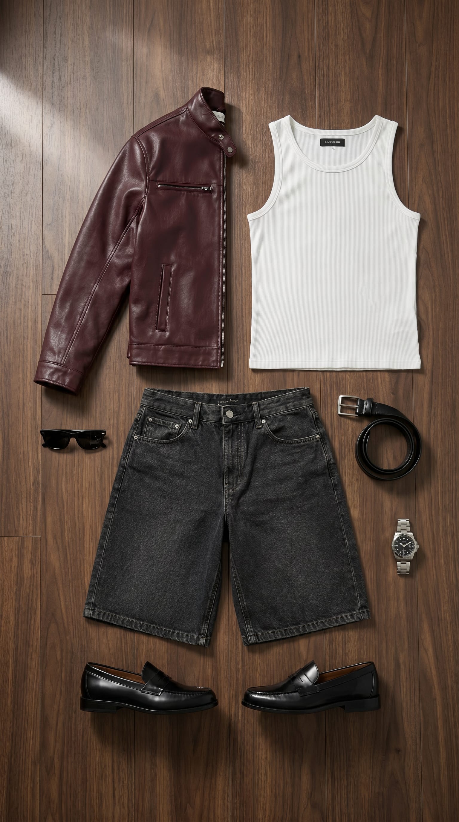 Burgundy Leather Jacket Outfit Men flat-lay