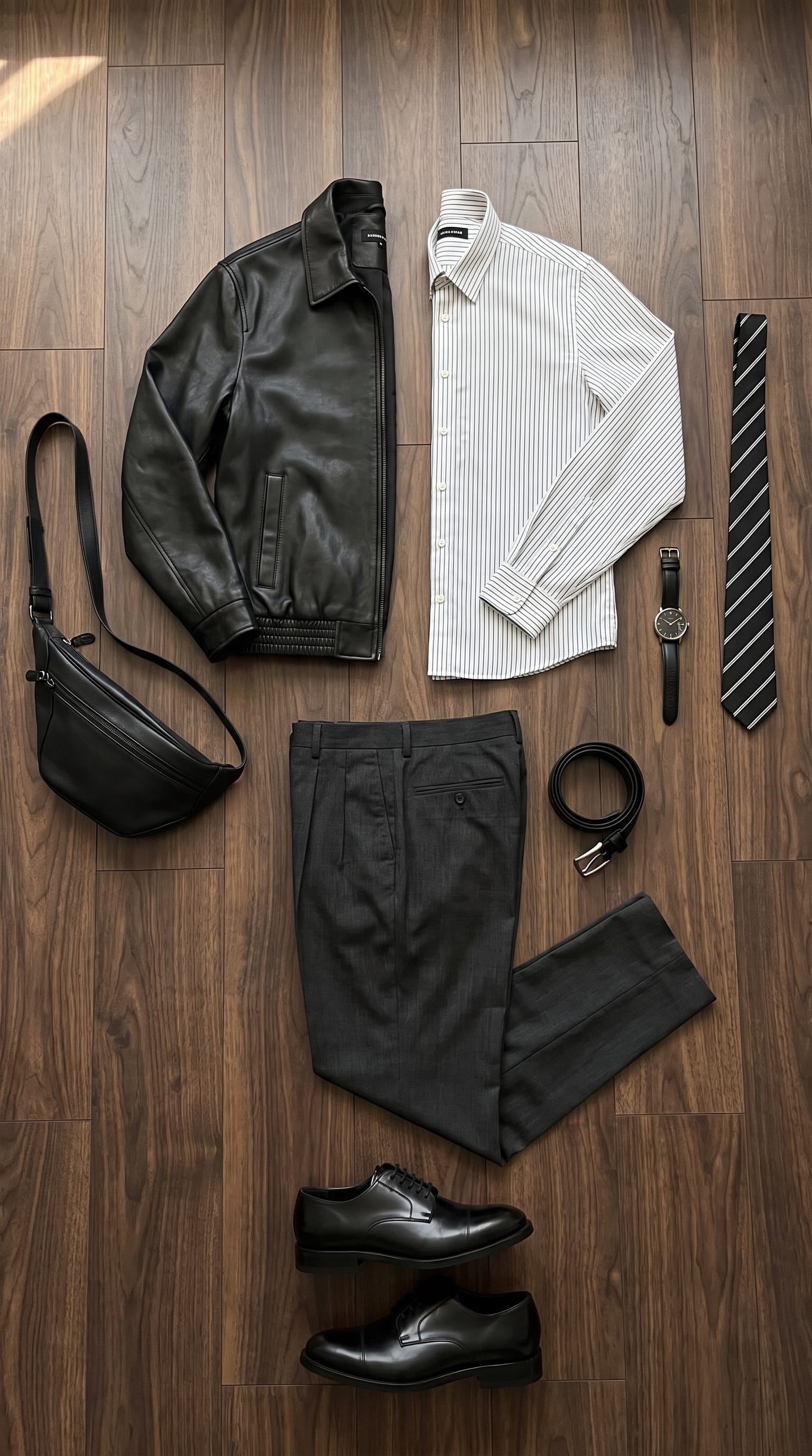 Black Leather Jacket Outfit Men: Transitional Style flat-lay