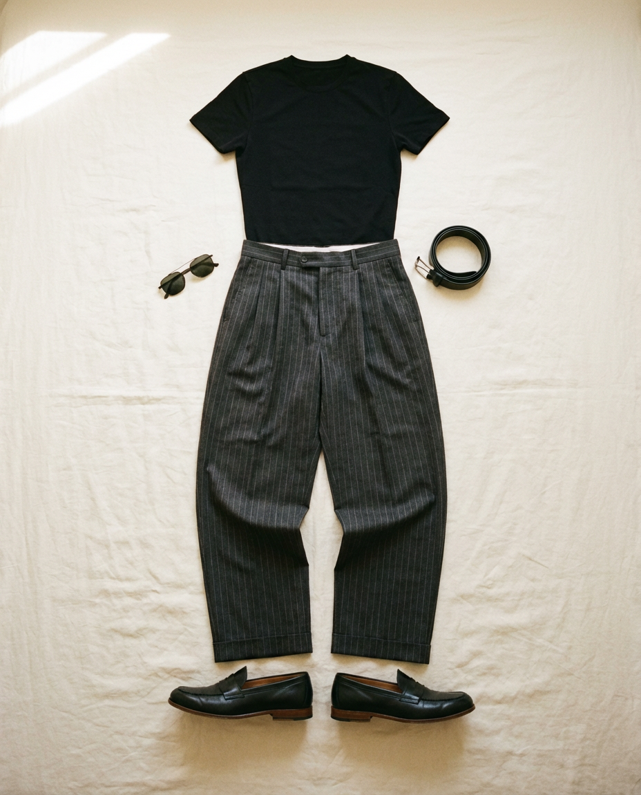 Charcoal trouser. Black tee.