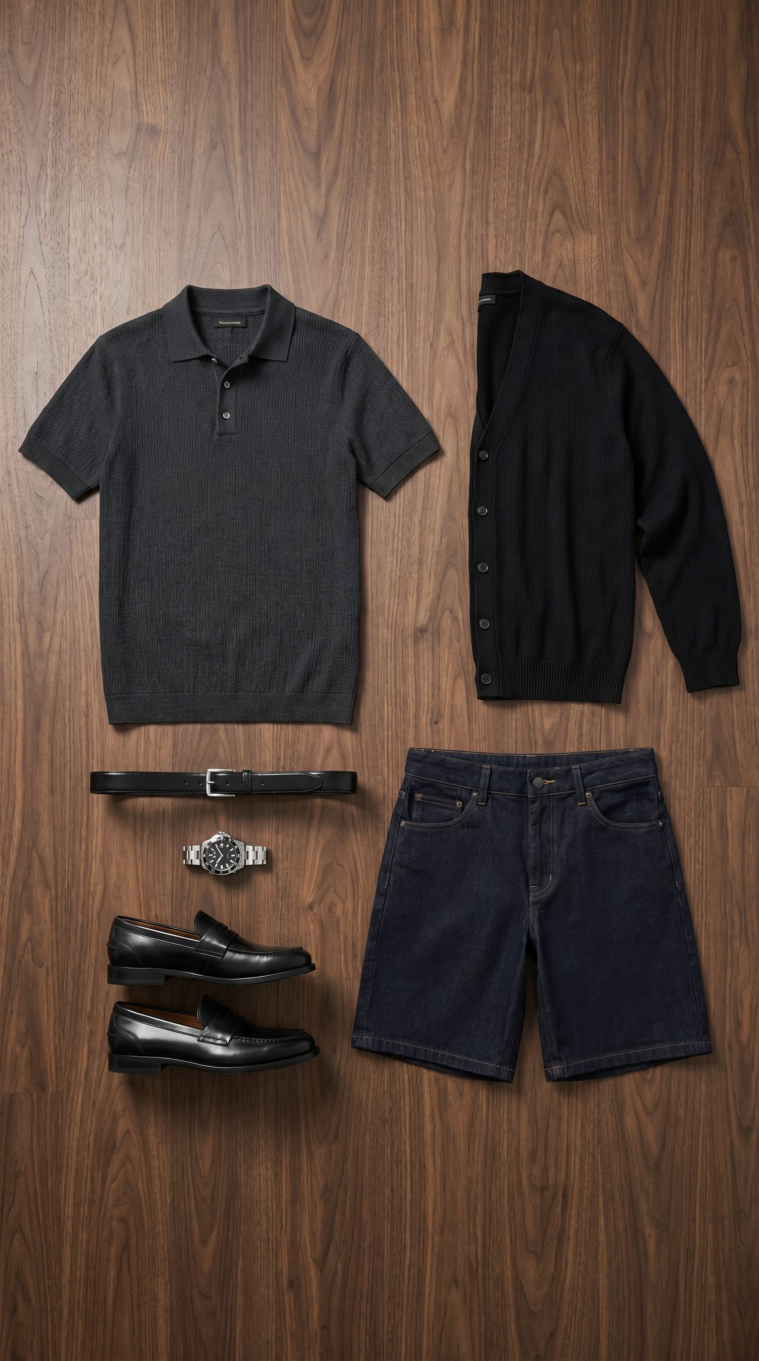 Minimalist Summer Outfit Men: Polo and Denim Shorts flat-lay