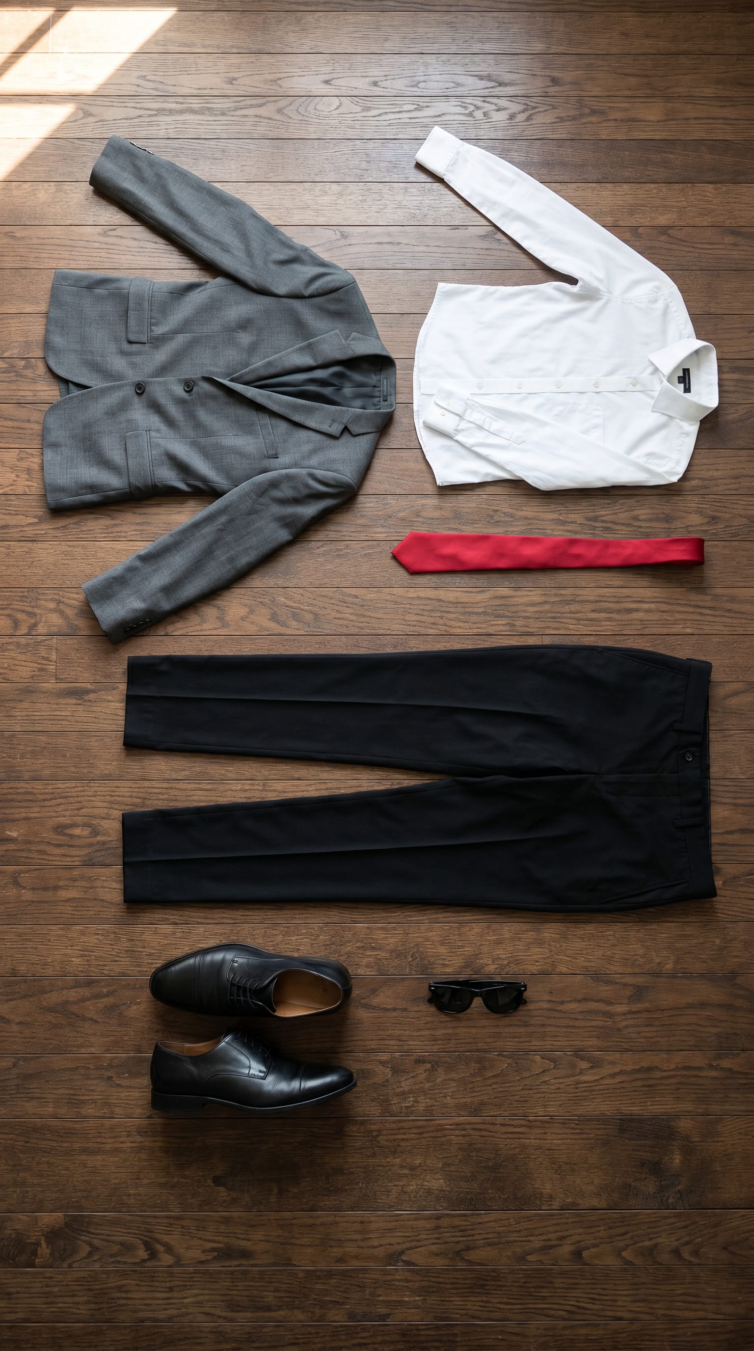 Grey blazer. Black trouser. — outfit flat-lay