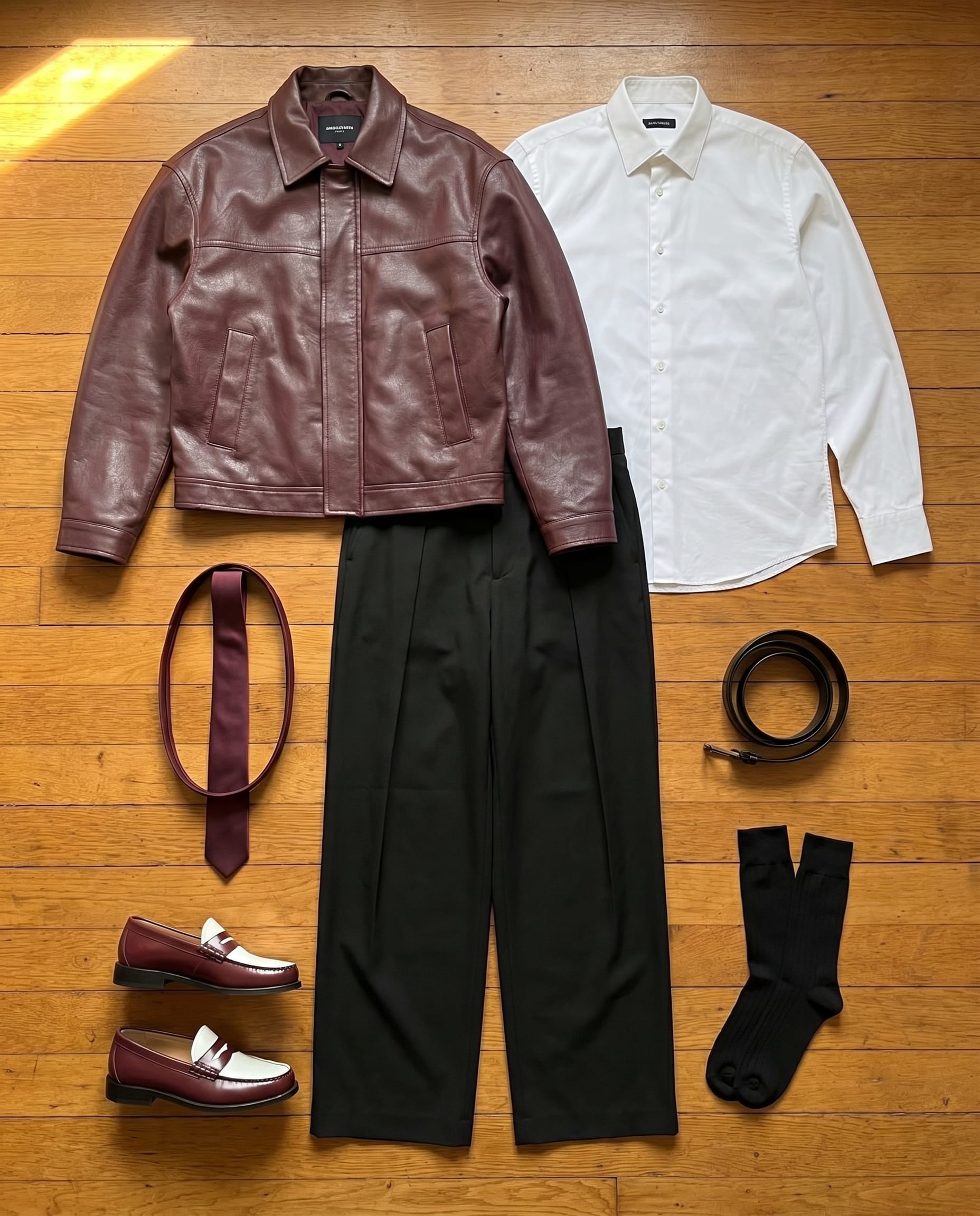 Burgundy Leather Jacket Outfit Men flat-lay