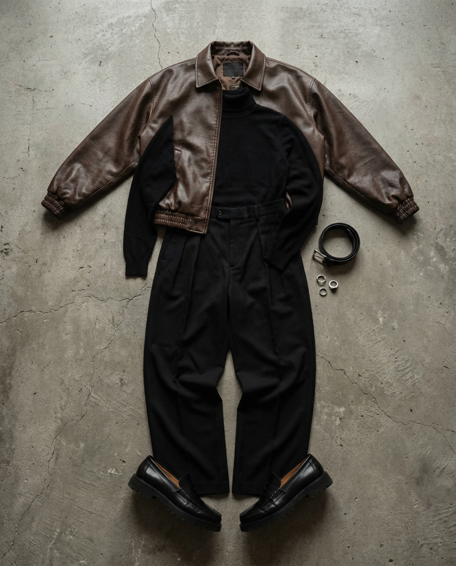 Dark brown jacket. Black trouser.