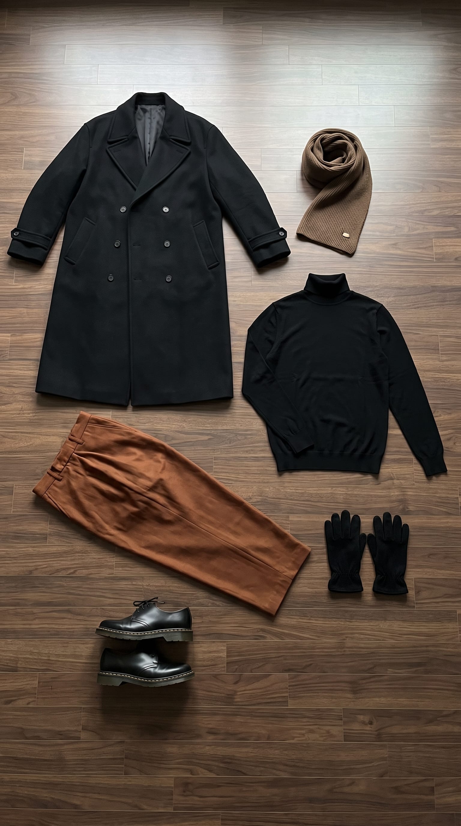 How to Wear a Black Wool Overcoat flat-lay