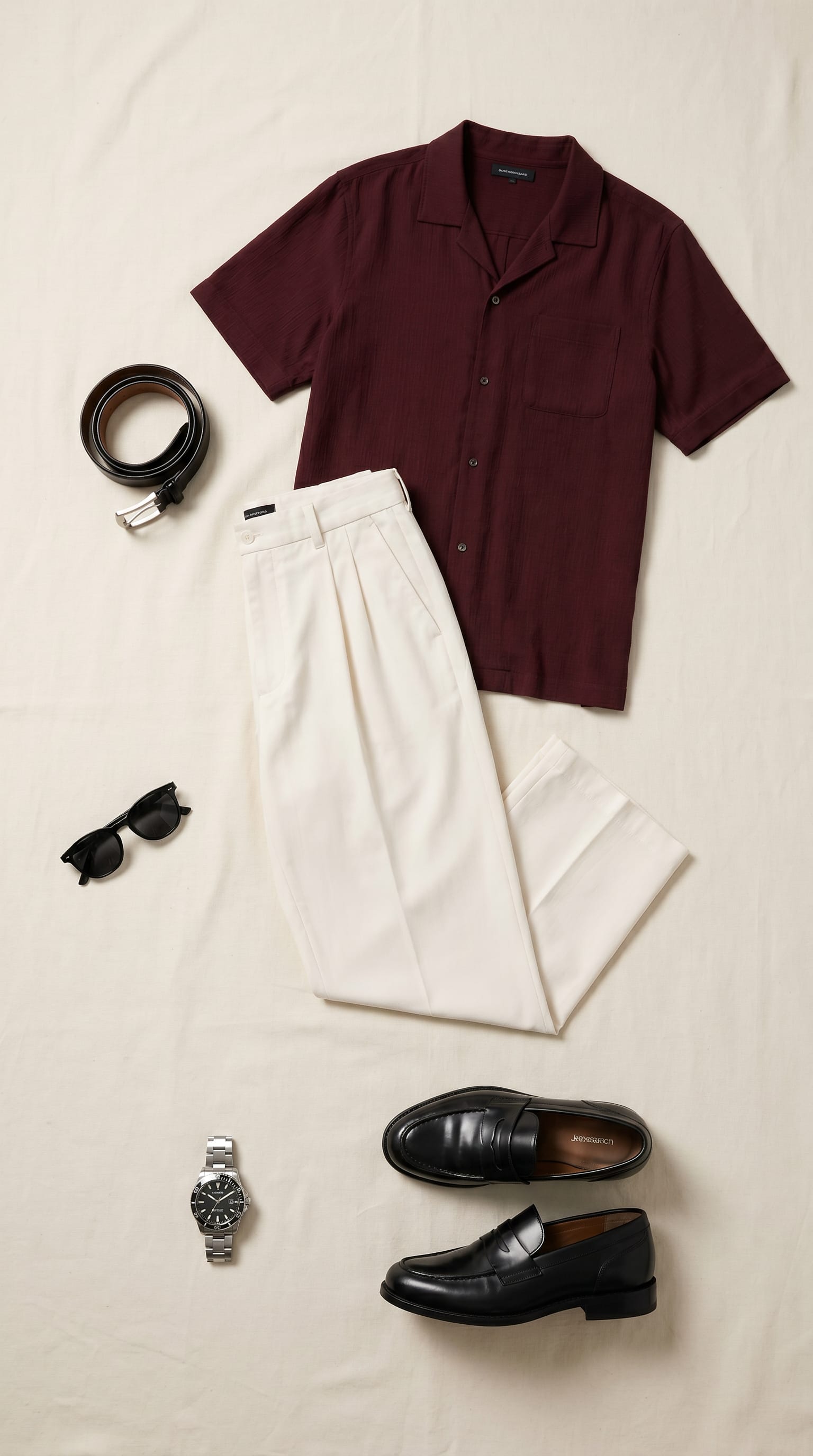 Burgundy shirt. Off-white trouser. — outfit