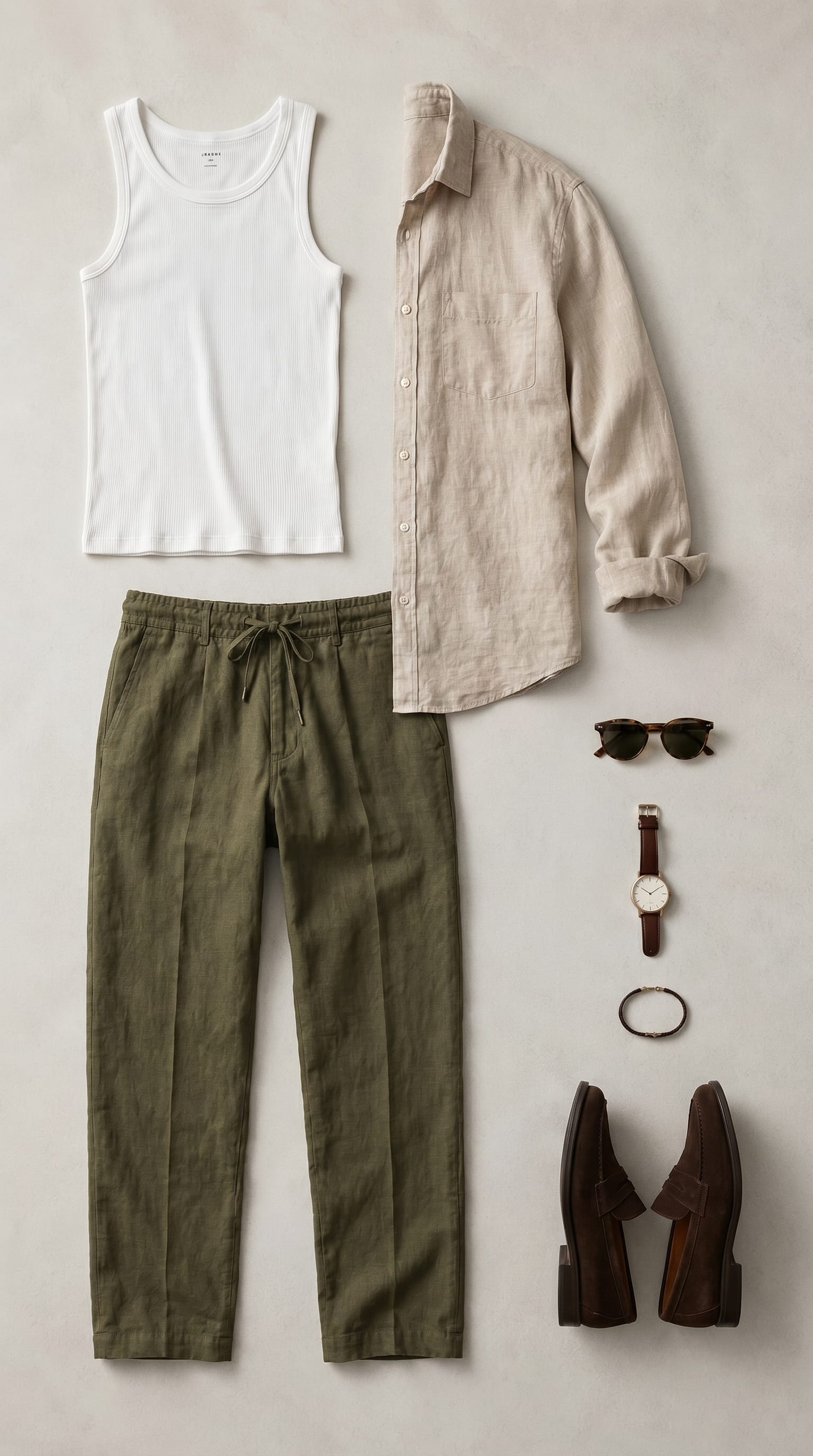 Olive green trouser. Beige shirt. — outfit