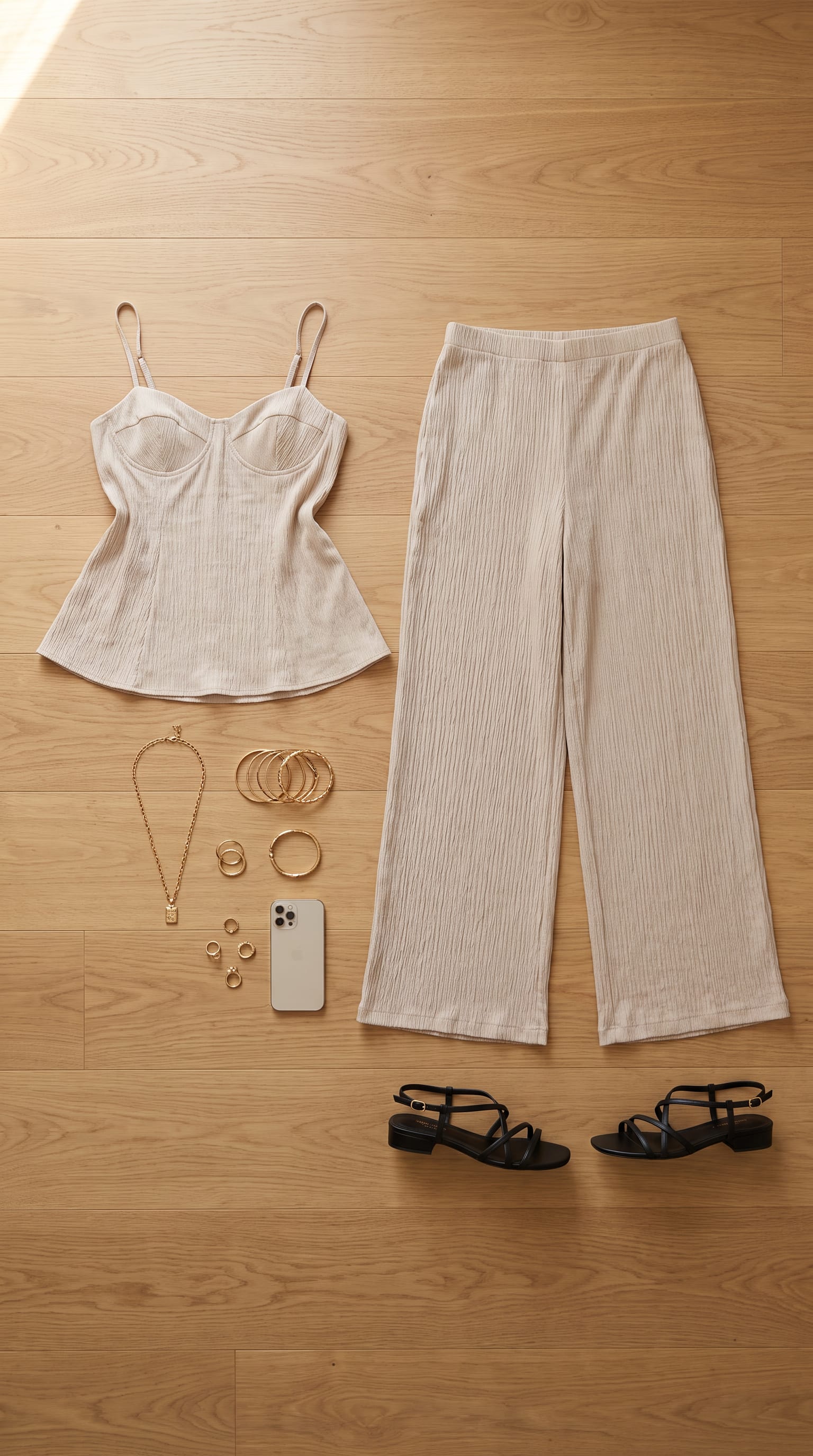 Beige Trouser Outfit Women: Summer Minimalist Style flat-lay