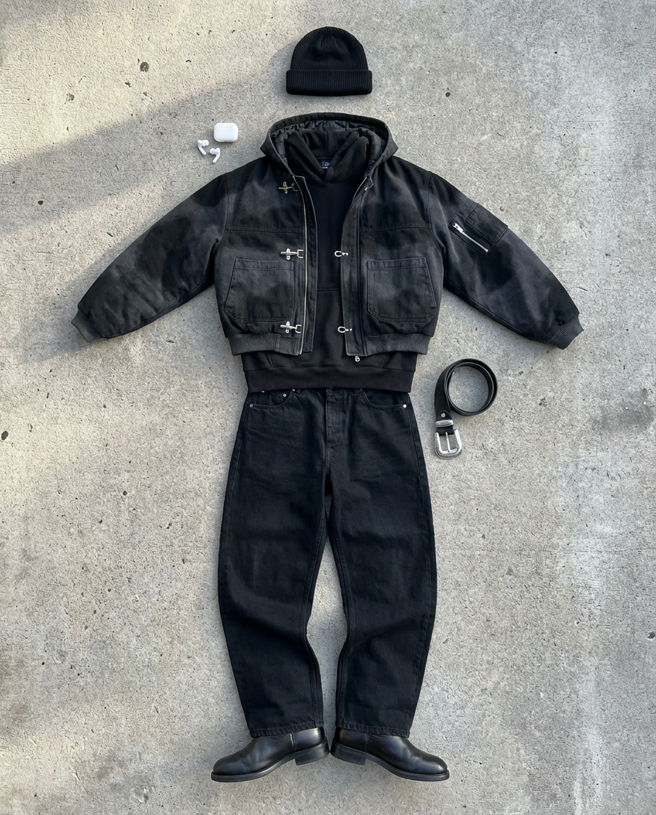 Black jacket. Black outerwear.