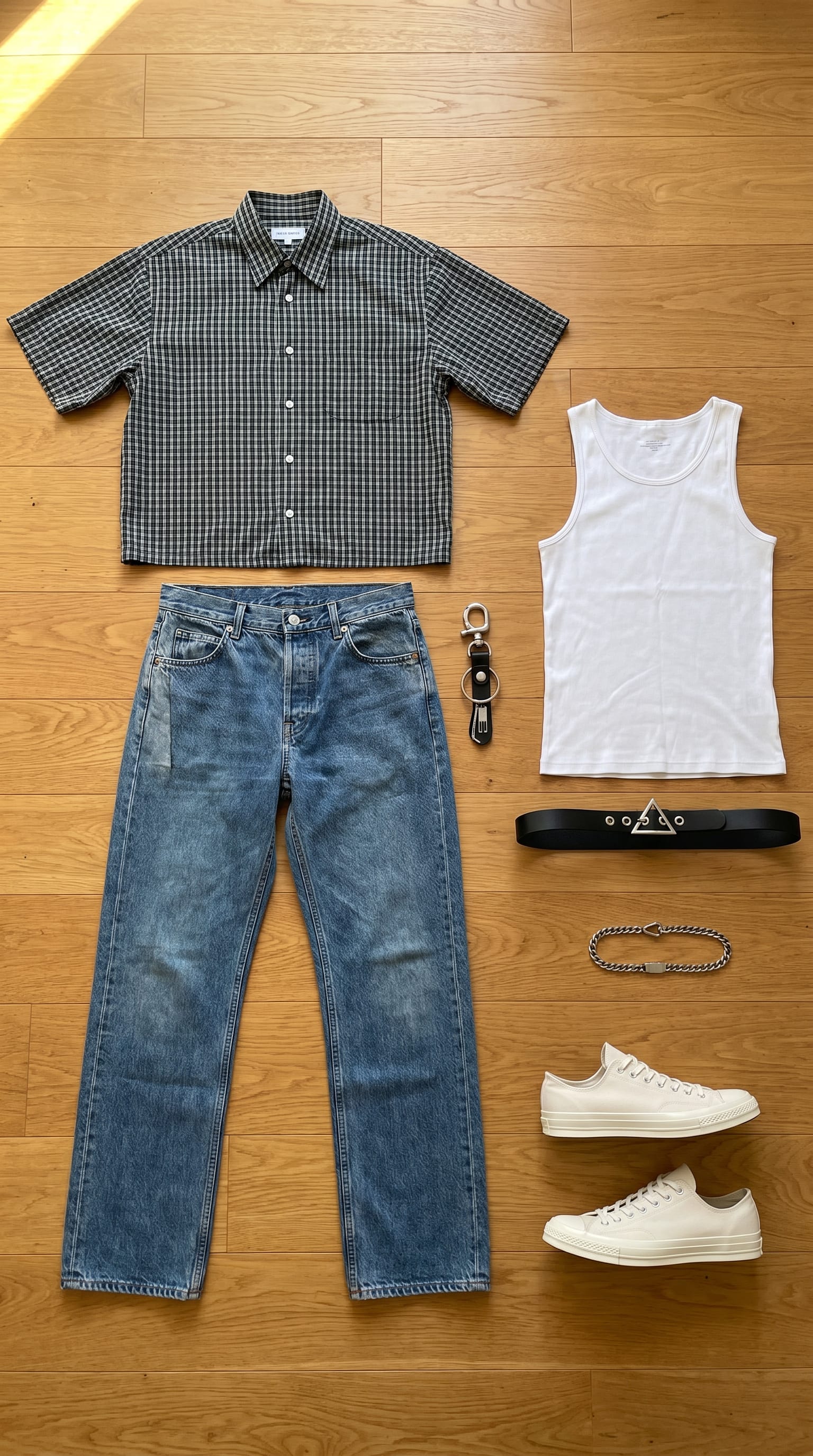 Blue Jean and Black Shirt Outfit Men flat-lay