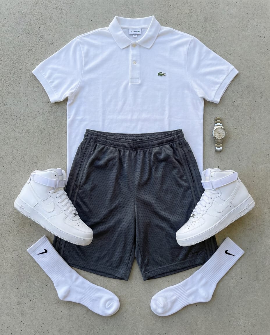 White polo. Charcoal grey short. — outfit flat-lay
