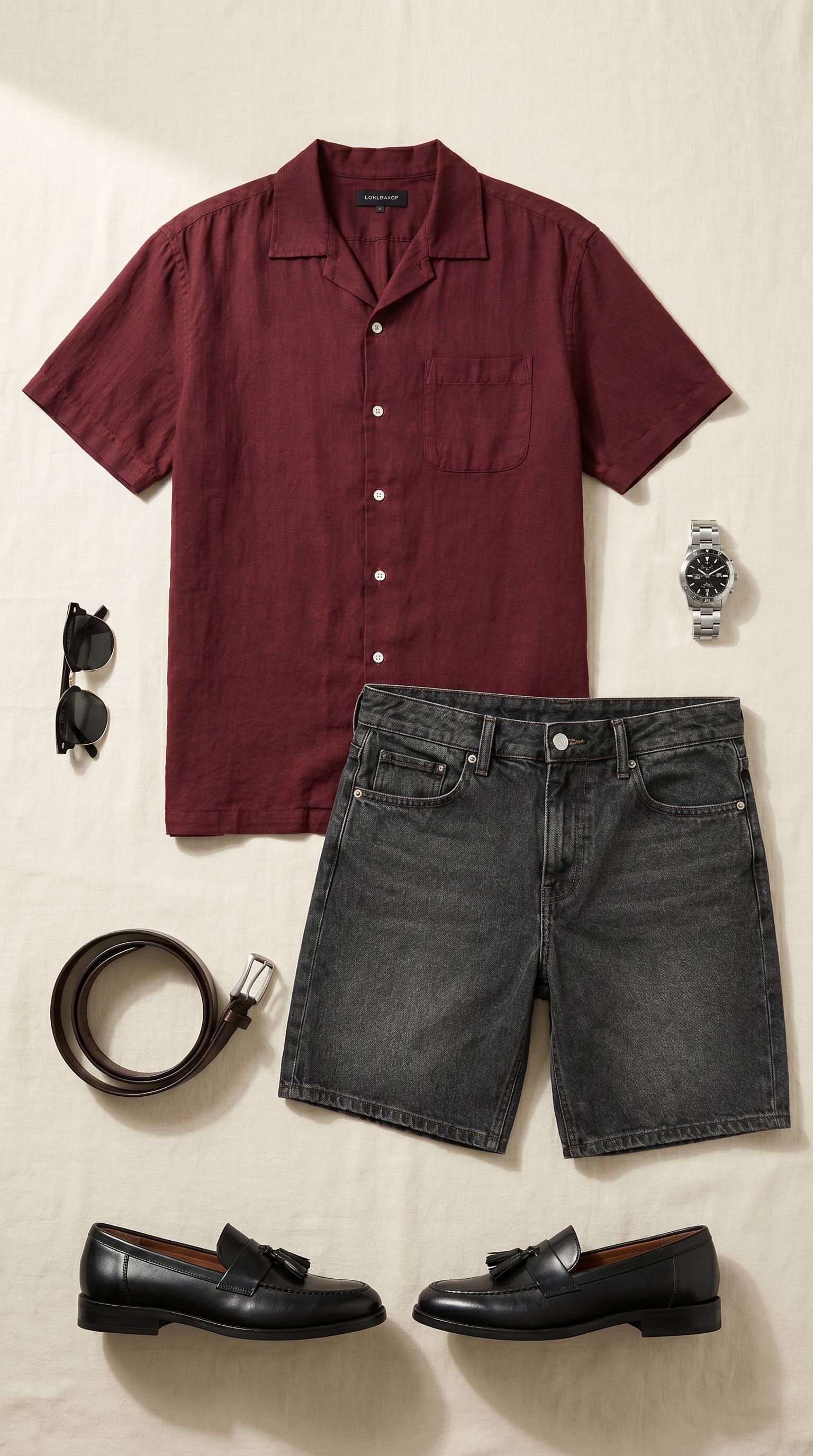 Burgundy shirt. Charcoal short. — outfit