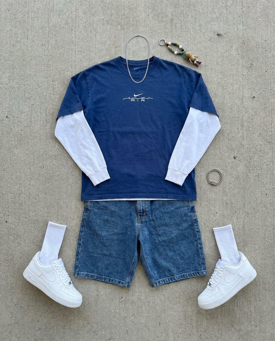 Navy blue tee. White shirt. — outfit flat-lay