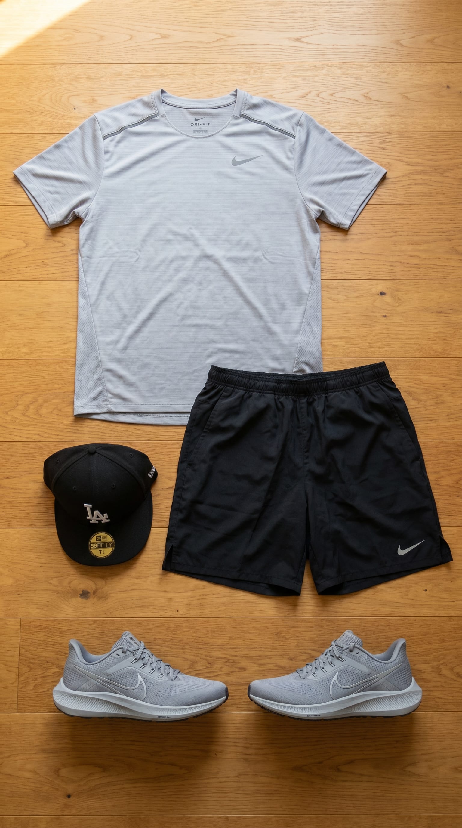 Silver Sneaker Outfit Men flat-lay