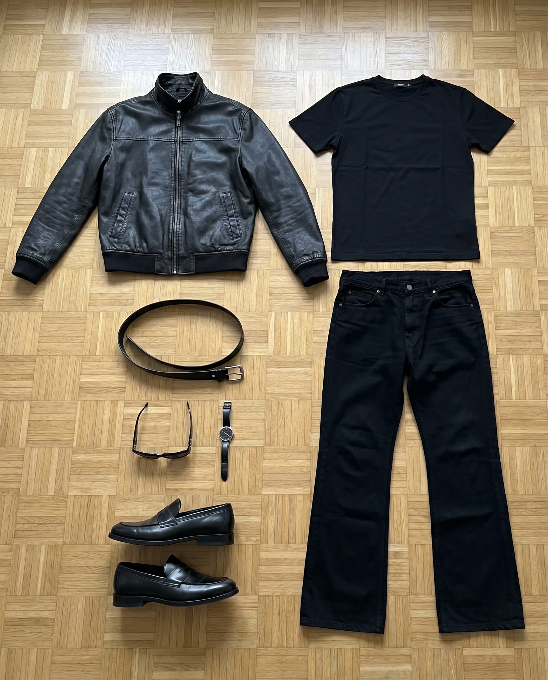 Black Leather Jacket Outfit Men: Casual Winter Style flat-lay