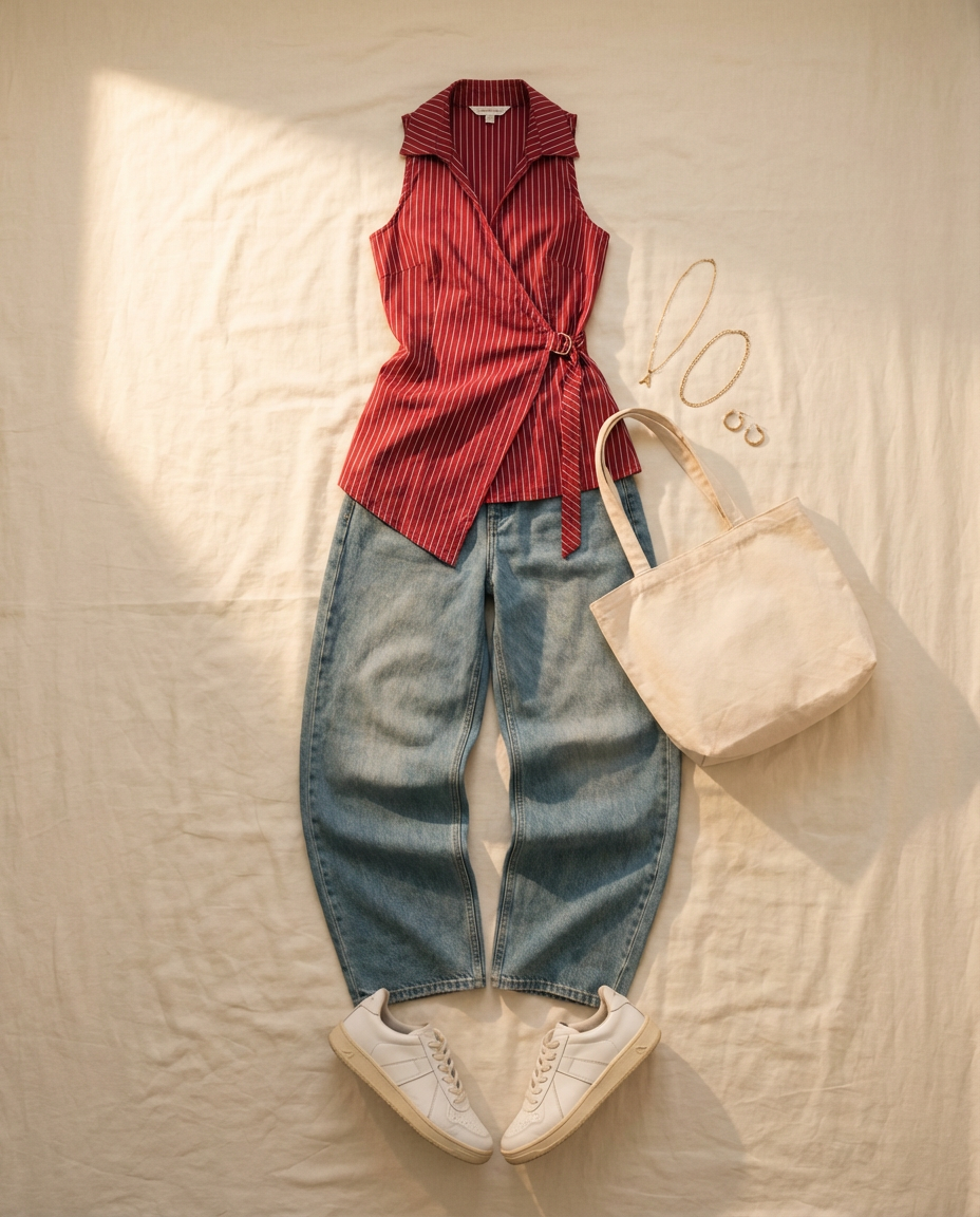 Crimson red shirt. Light wash blue jean.
