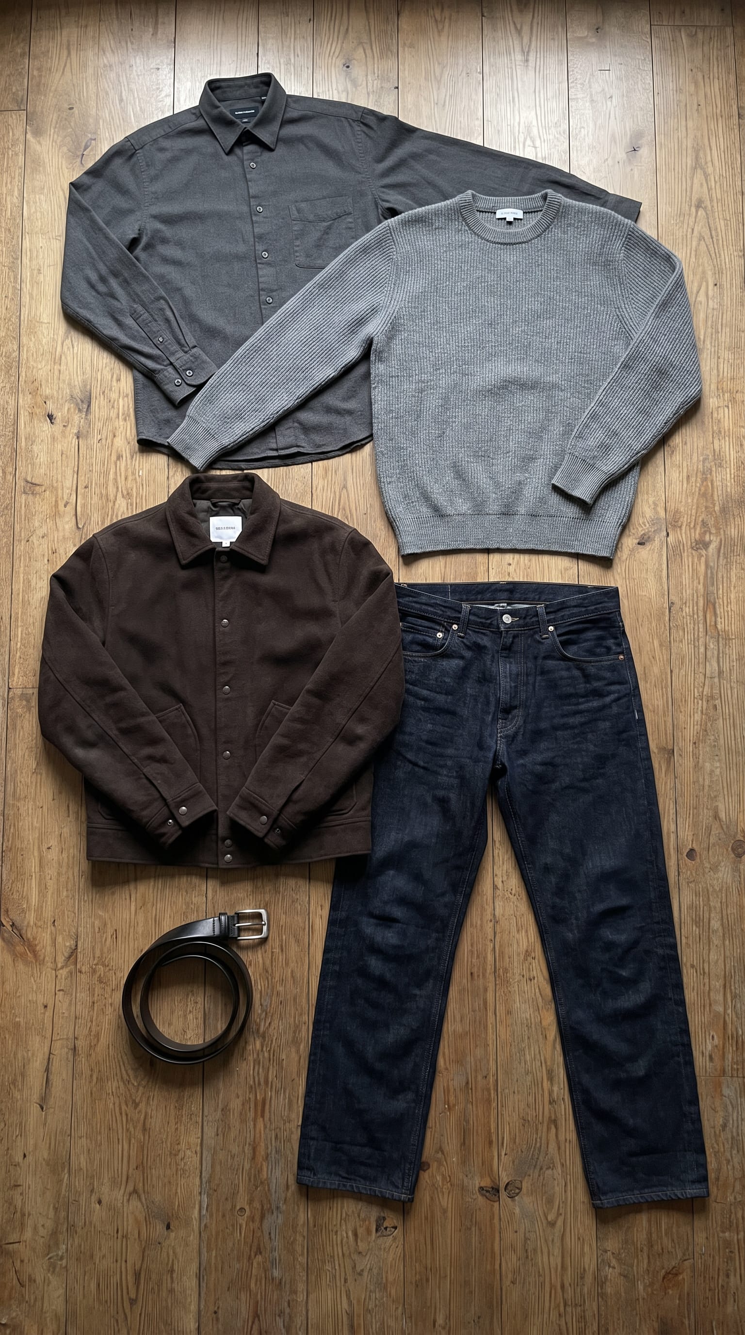 Dark brown jacket. Dark indigo jean. — outfit