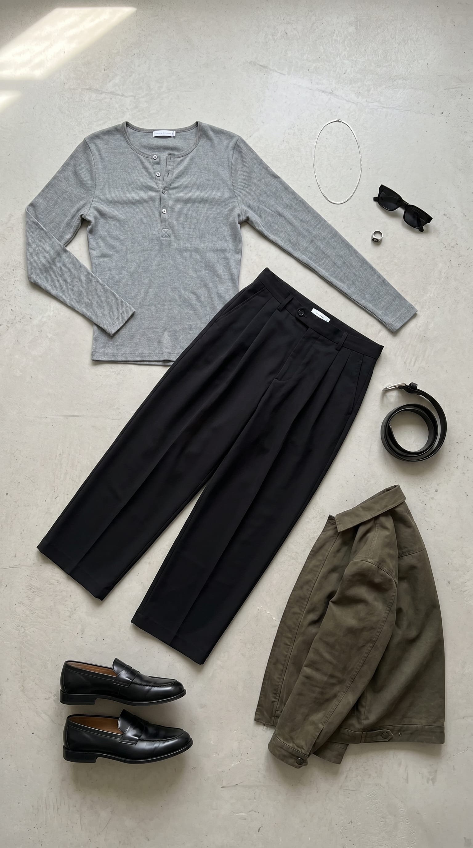 Olive Green jacket. Black trouser. — outfit