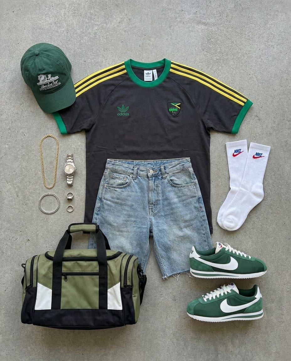 Charcoal grey tee. Light wash blue short. — outfit flat-lay
