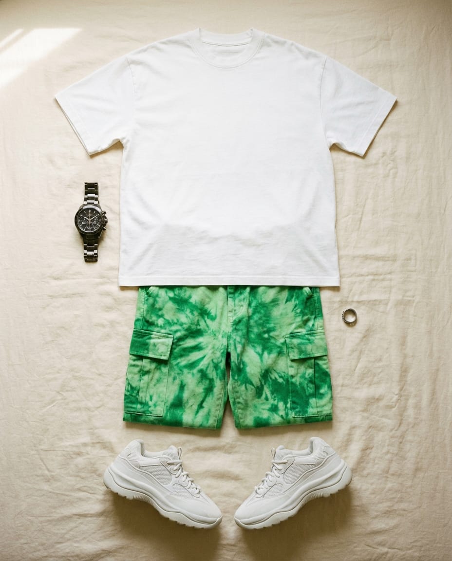 White tee. Bright green short.