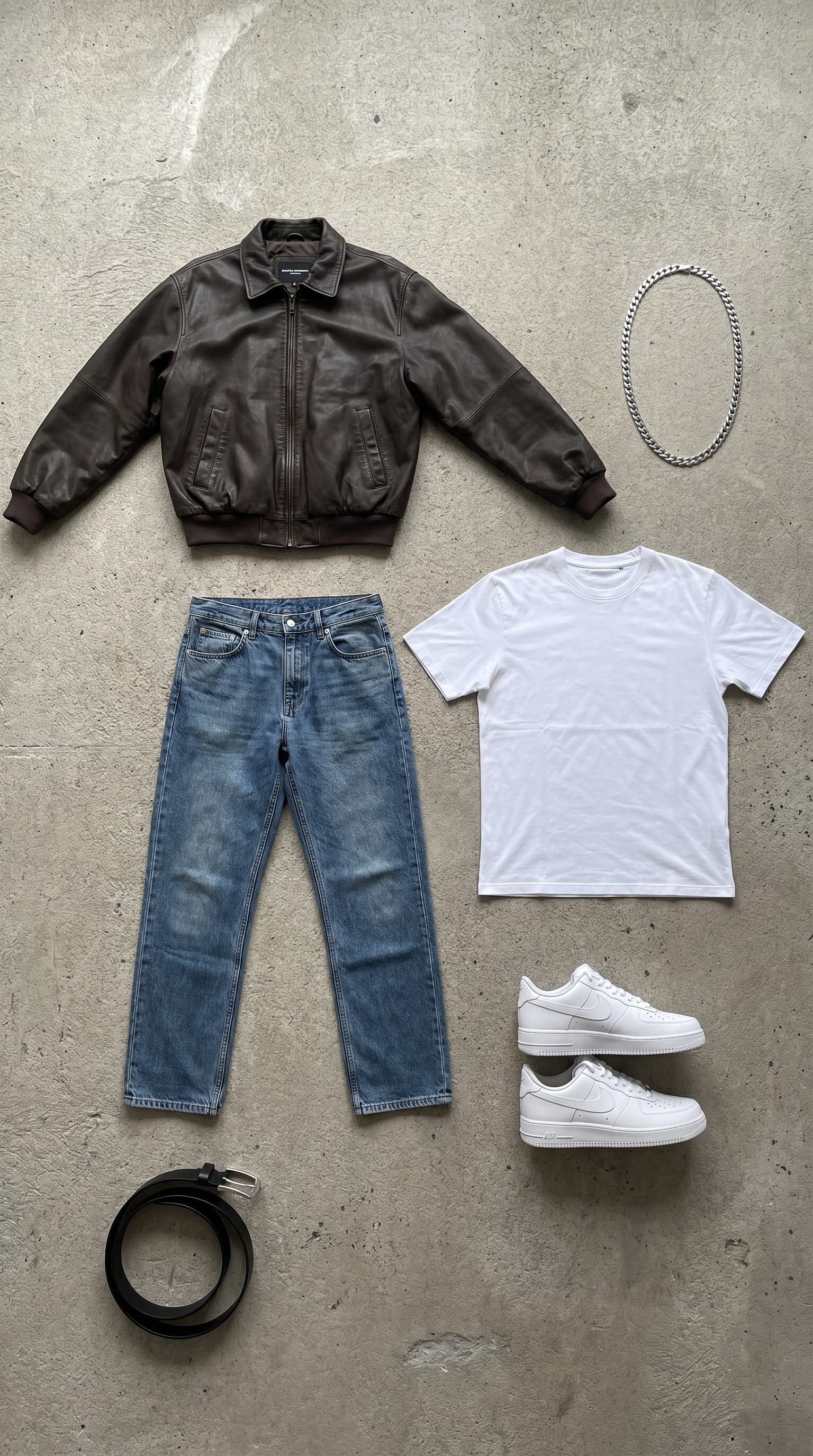 Medium wash blue jean. Dark brown jacket. — outfit