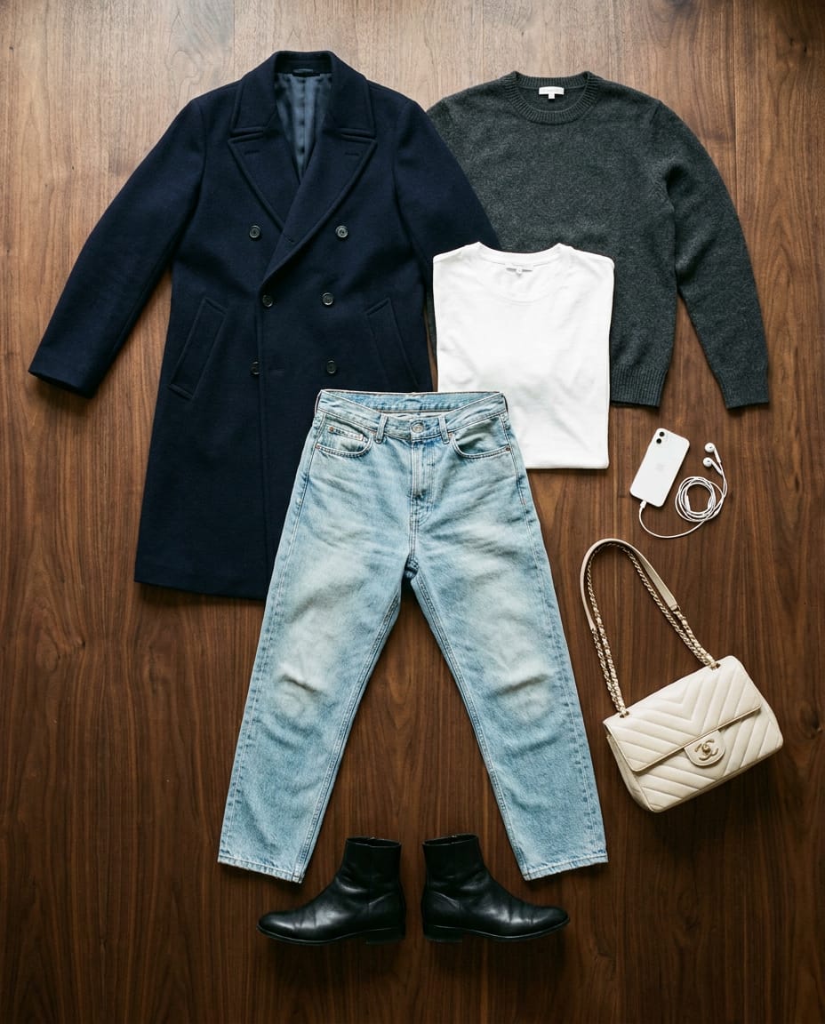 Dark navy outerwear. Light wash blue jean. — outfit flat-lay
