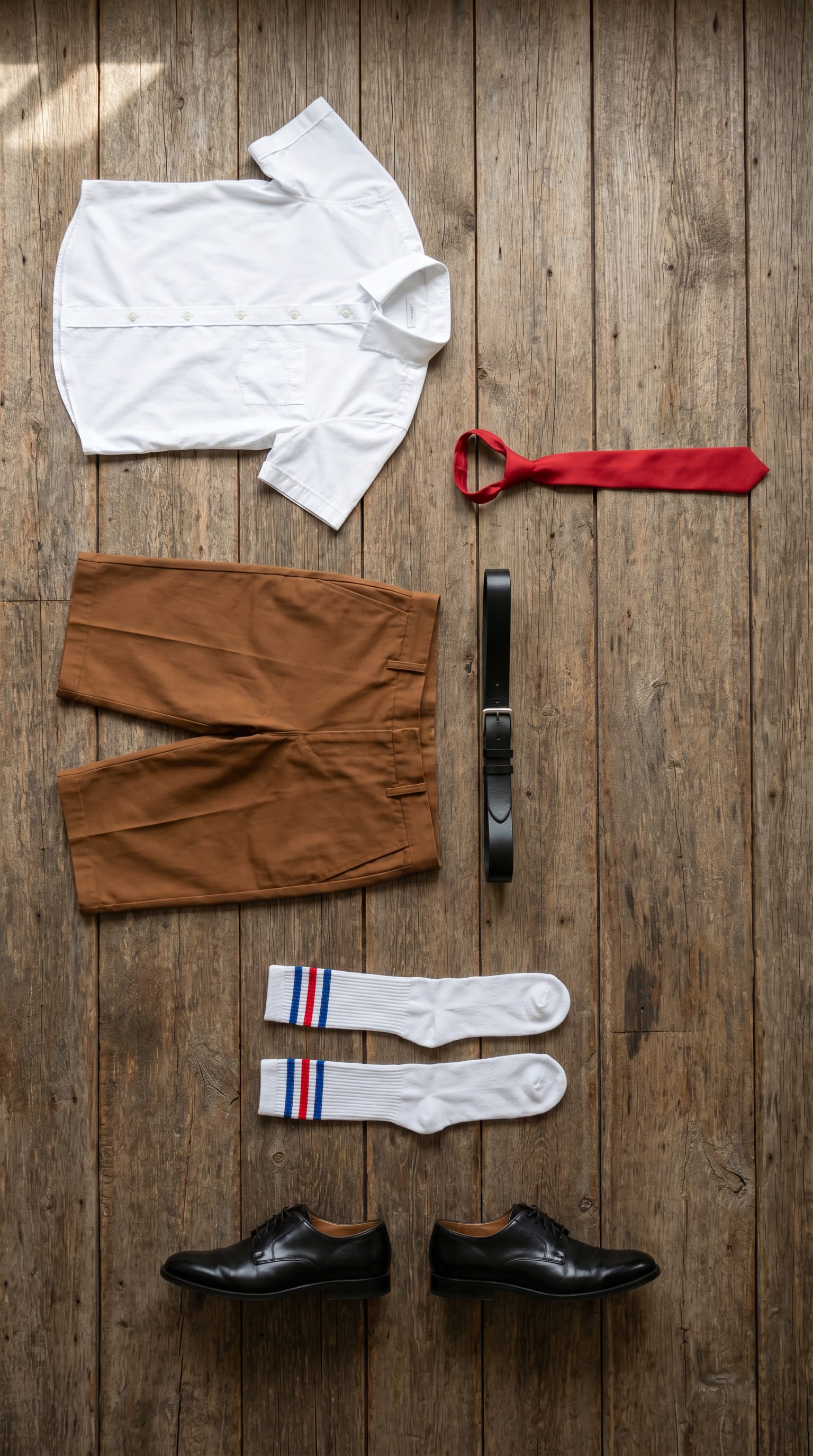 White Shirt and Brown Pants Outfit Men flat-lay