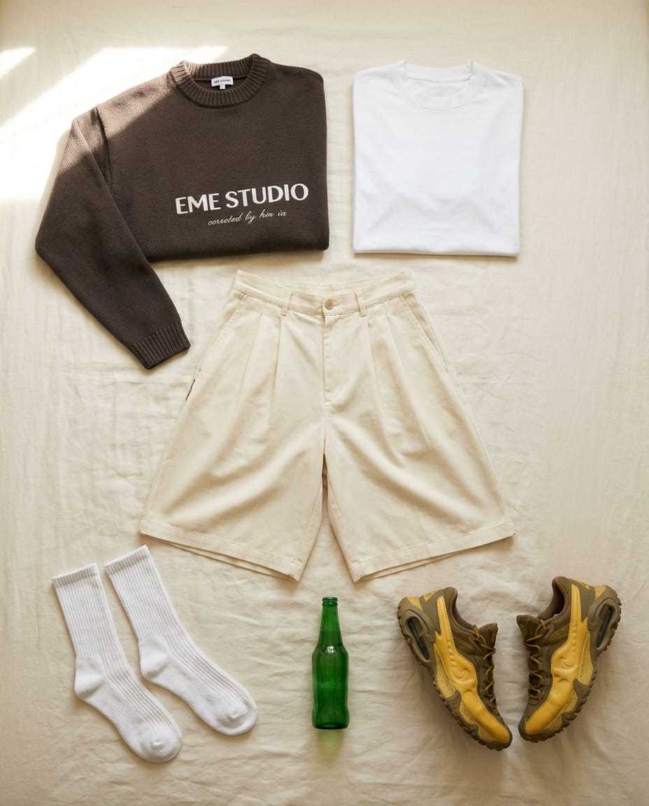 Dark brown knit. Cream short. — outfit flat-lay