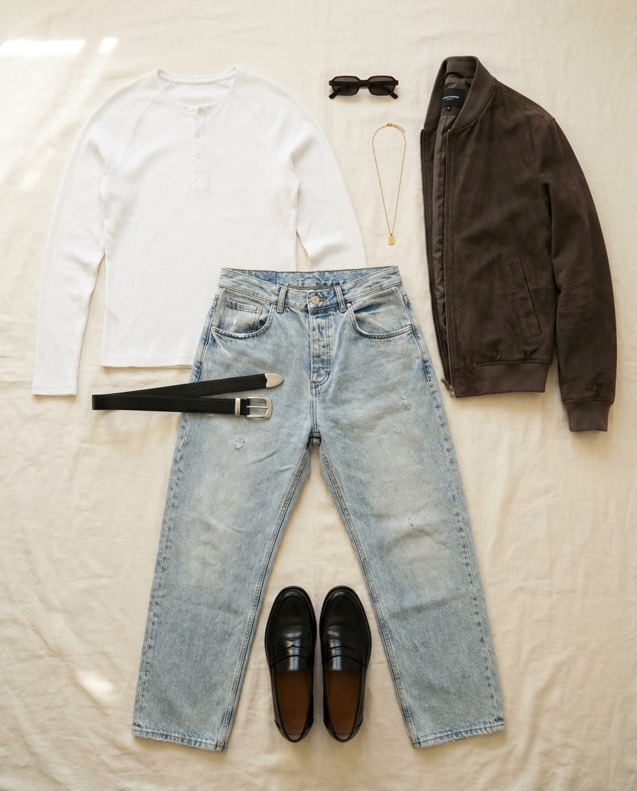 Dark brown jacket. Light wash blue jean. — outfit flat-lay