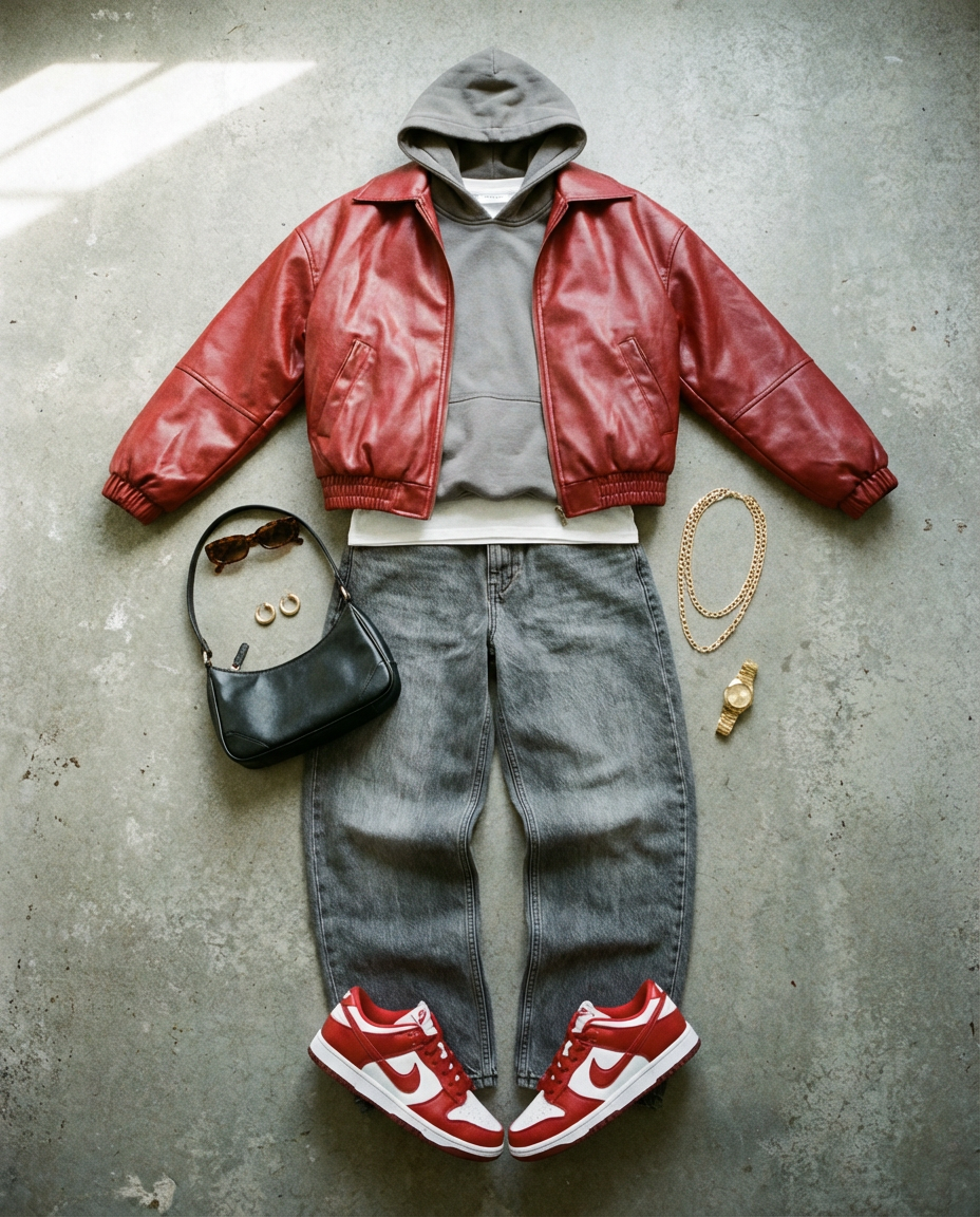 Deep red jacket. Heather grey outerwear.