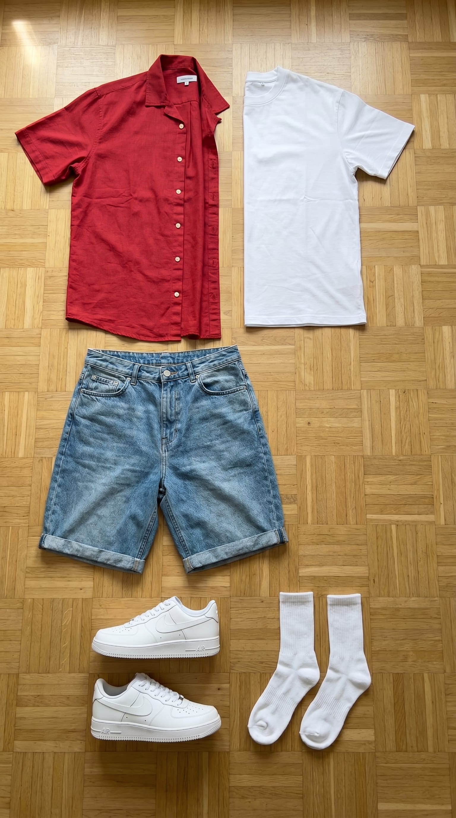 Red Shirt and Light Blue Shorts Outfit flat-lay