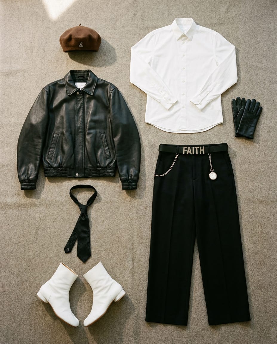 Black jacket. Black trouser. — outfit flat-lay