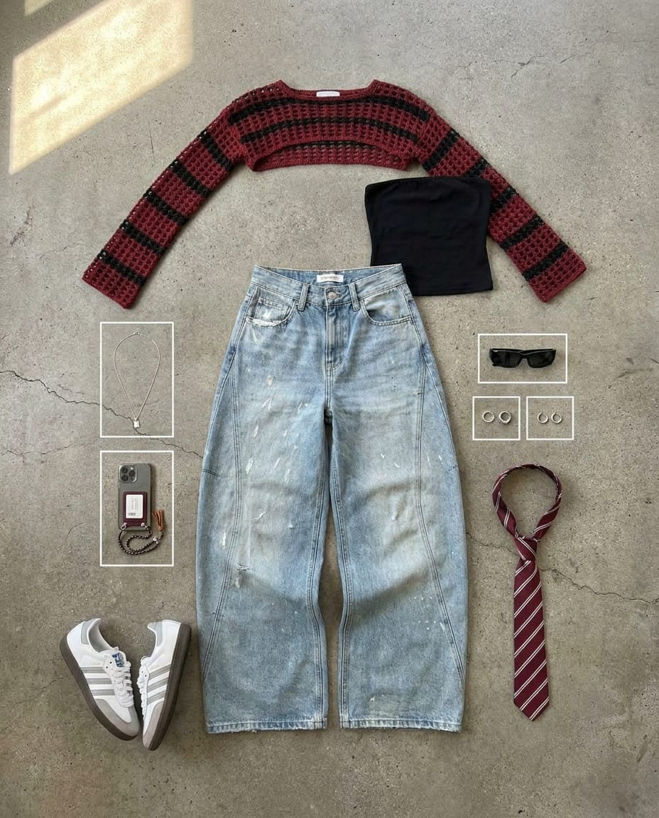 Light wash blue jean. Burgundy knit. — outfit flat-lay