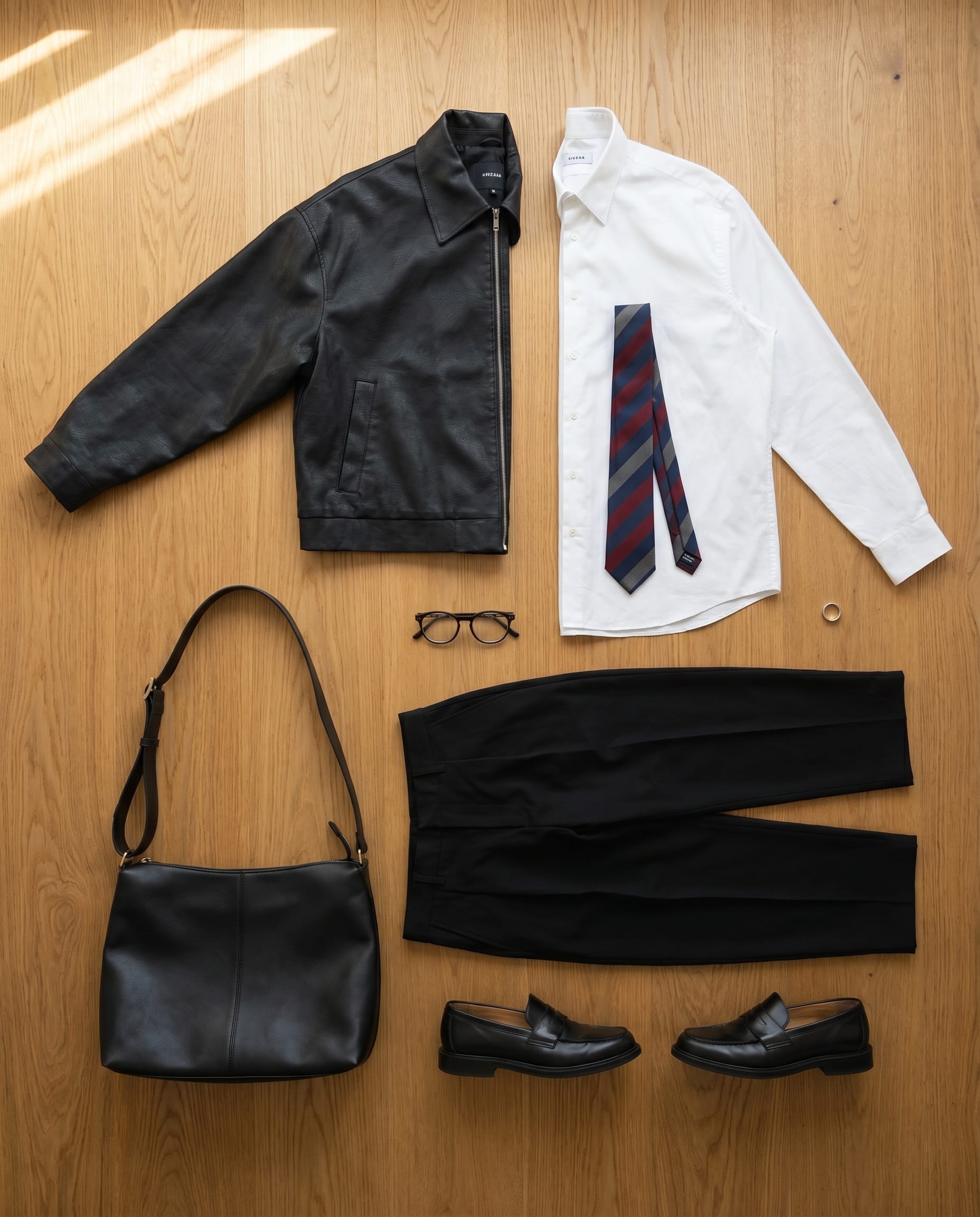 Black Leather Jacket Outfit Men: Oversized & Wide-Leg flat-lay