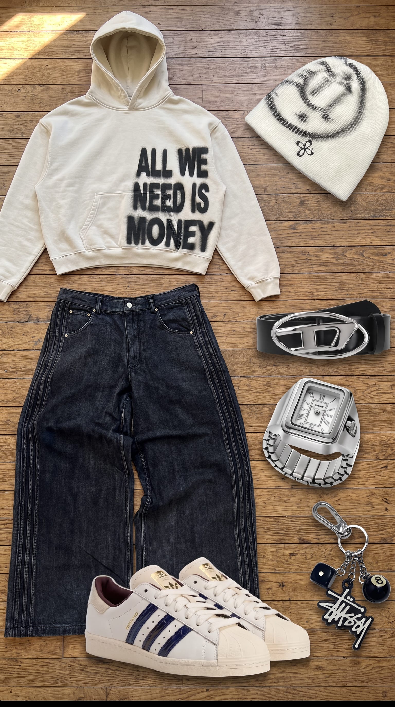 Cream Hoodie and Black Jeans Outfit flat-lay