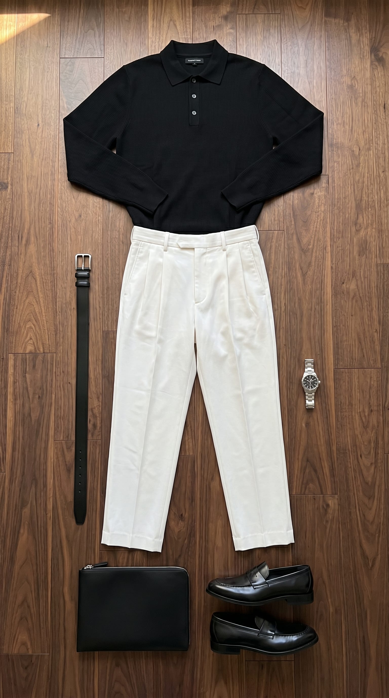 Off-White Trousers Outfit Men: Minimalist Style flat-lay