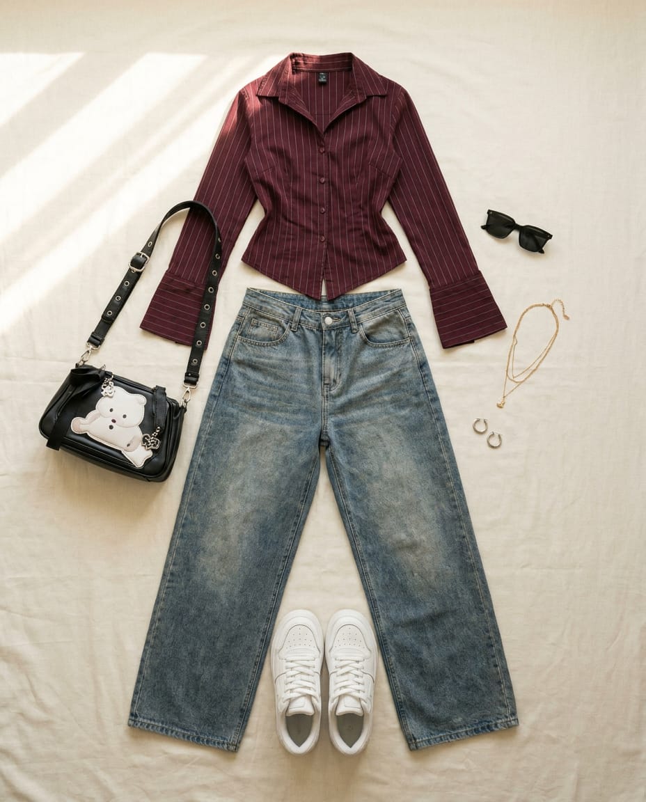 Light wash blue jean. Burgundy shirt. — outfit flat-lay
