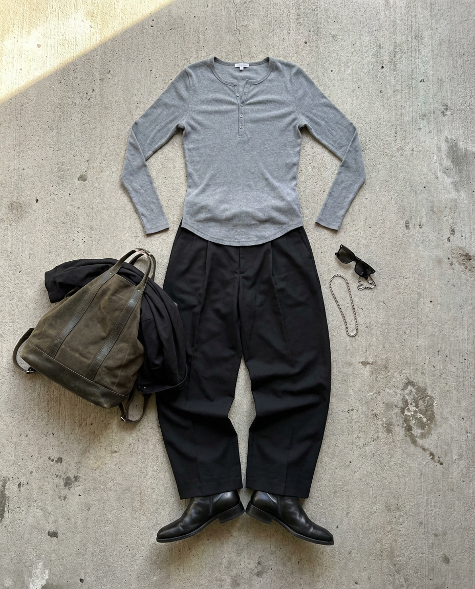 Heather grey henley. Black jacket.