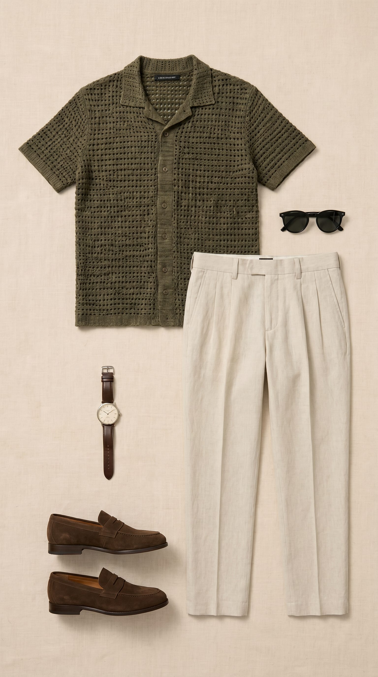 Olive Green Knit Outfit Men flat-lay