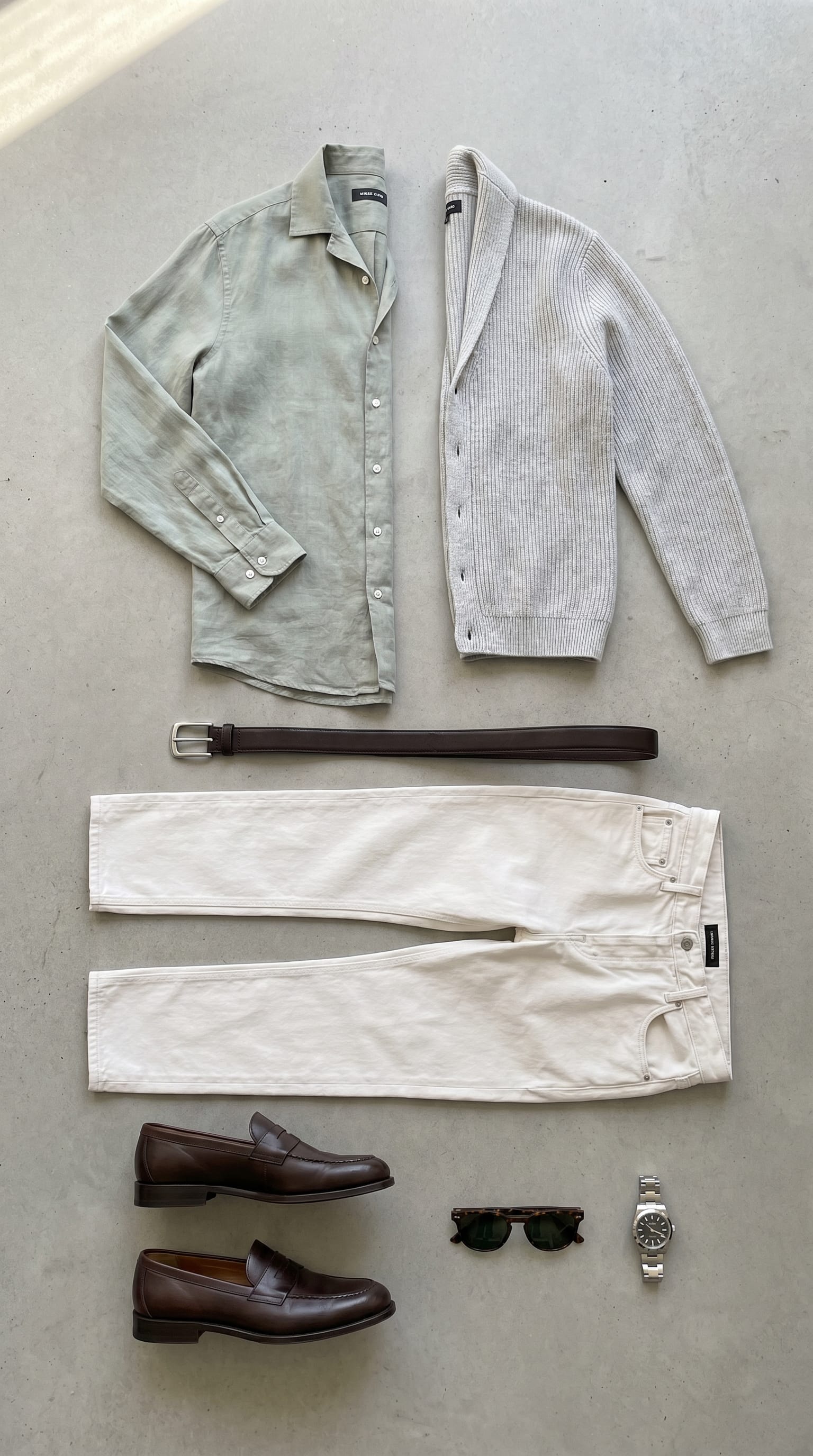 Off-white jean. Sage green shirt. — outfit