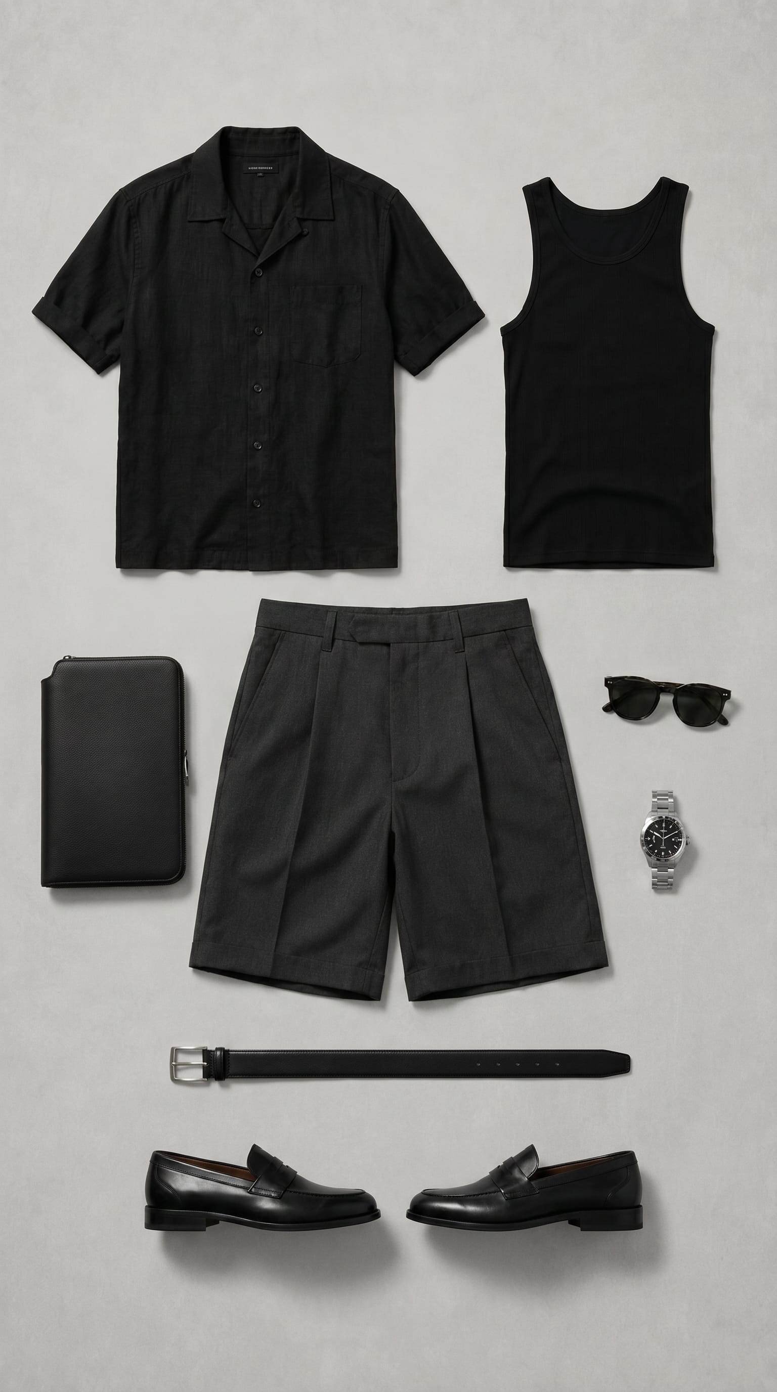 Black shirt. Charcoal short. — outfit