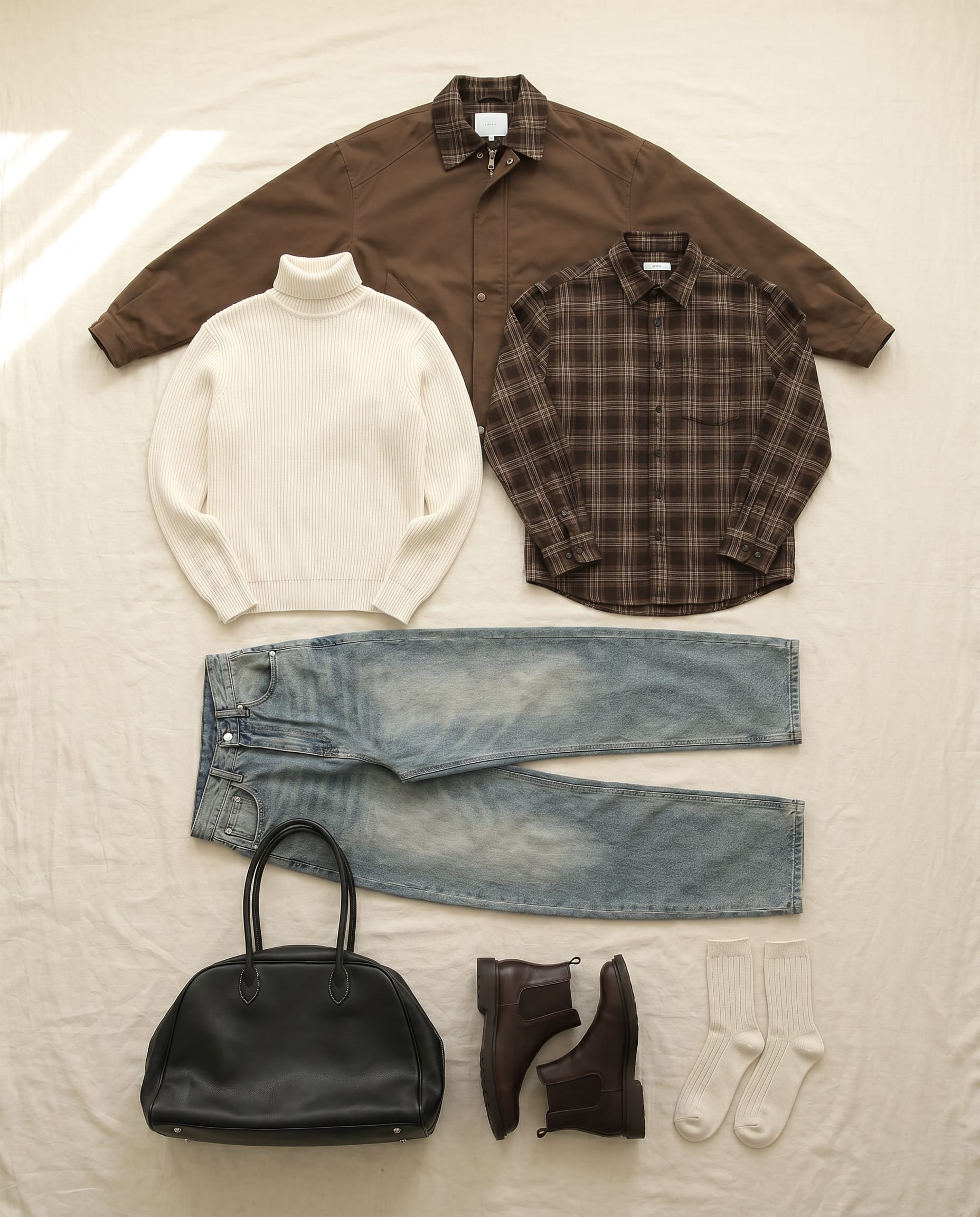 Brown Jacket Light Wash Jeans Outfit Men flat-lay